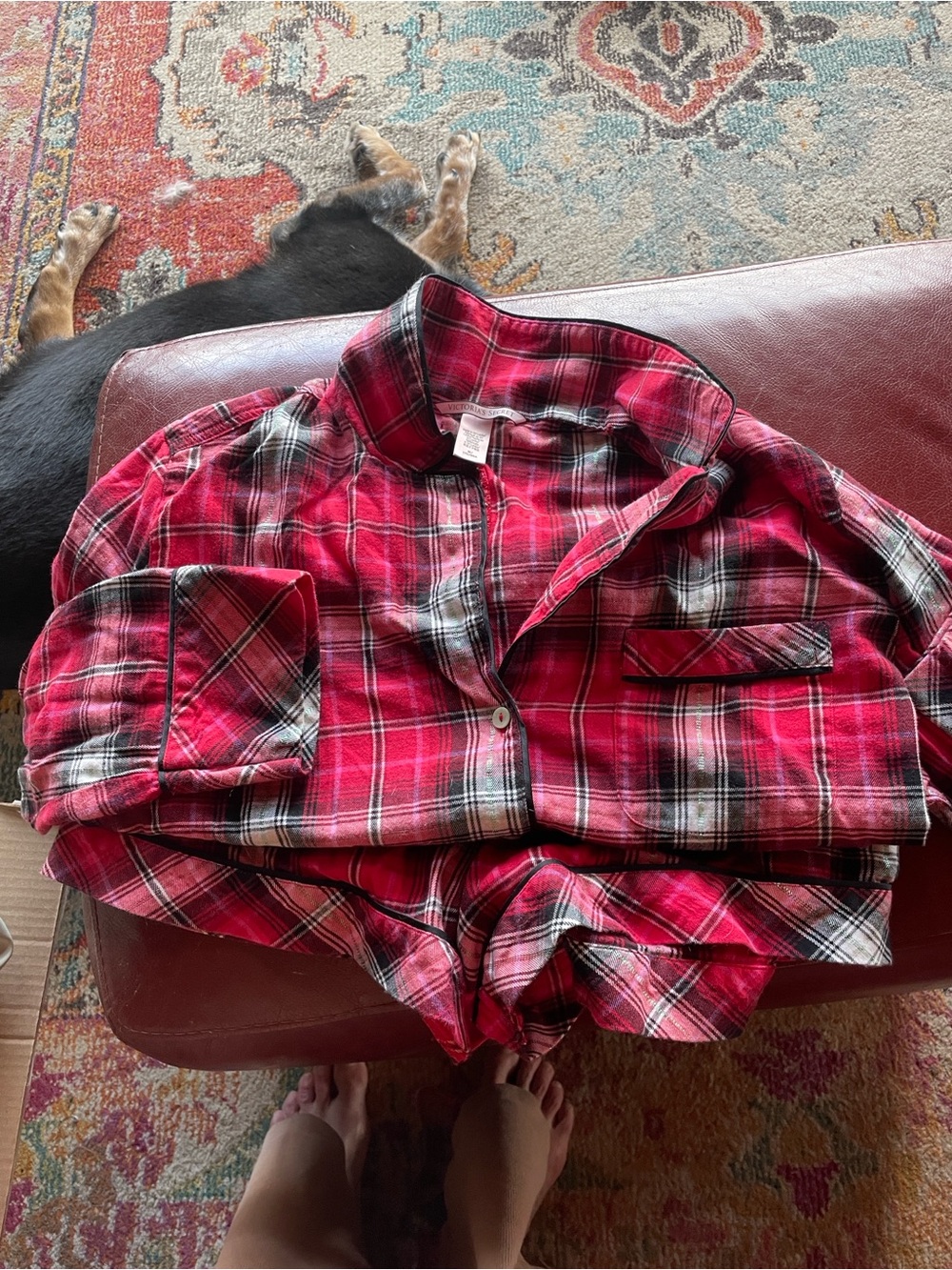 Victoria's Secret Red/Pink/Black Plaid 
Button-Up Pajama- Romper, Size M